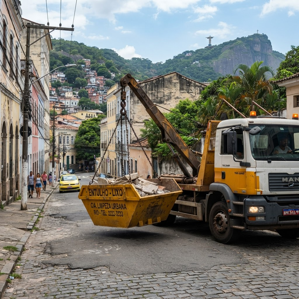 Caminhão entregando caçamba para aluguel de entulho no Rio de Janeiro e região metropolitana